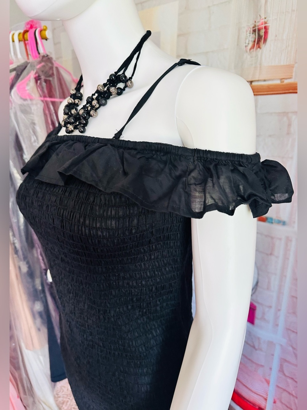 Anthropologie Black Smocked Ruffle Off-Shoulder Dress - Picture 11 of 15
